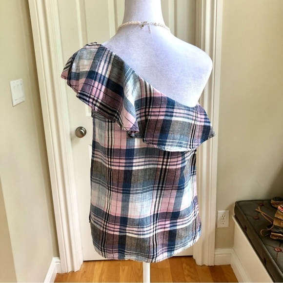 Anthropologie Top Plaid One Shoulder Pink Blue  (S) - Picture 3 of 7